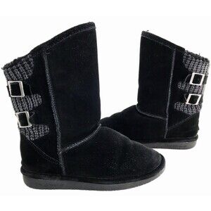 Bearpaw Boshie Black Suede Knit Sheepskin Wool Buckle Boots Youth Size 5